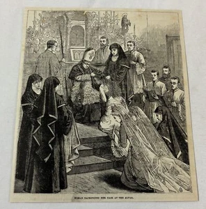 Grabado revista 1881 ~ MUJER SACRIFICANDO SU CABELLO EN EL ALTAR - Imagen 1 de 1