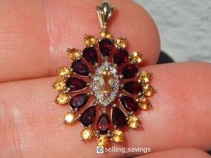10K YELLOW GOLD GARNET CITRINE DIAMOND LARGE 1.3 INCH STARBURST NECKLACE PENDANT - Picture 1 of 8