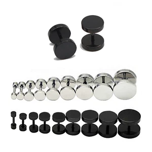 Black Flat Round Barbell Screw Plug Stud Earrings Stainless Steel Mens 3-14MM - Picture 1 of 4