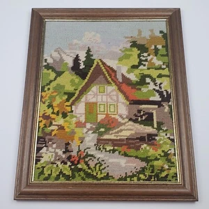 Vintage NEEDLEPOINT Complete Wool Yarn and FRAME Cottage Core Landscape House - Picture 1 of 6