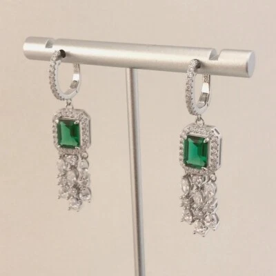 3Ct Emerald Cut Diamond Lab-Created Dangle Drop Earrings 14K White Gold Plated - Image 1 of 4