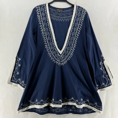 Adrienne Vittadini 连衣裙束腰外衣 M 蓝色刺绣 V 领喇叭下摆无衬里波西米亚 — 第 1/4 张图片