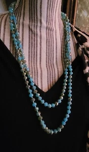 Vintage Bakelite long 58" blue Marbled Swirl Bead Necklace double strand estate - Picture 1 of 12