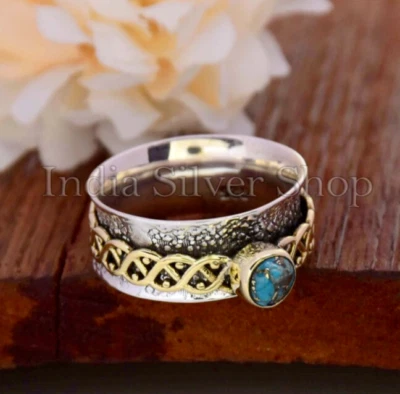 Banda giratoria de eternidad turquesa cobre azul banda de plata hecha a mano joyería boho Foto 1 de 4