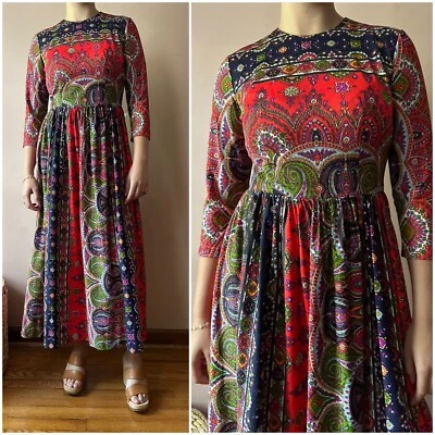 Винтажный 60-х пейсли хиппи богемное макси платье красный синий психоделический M - Изображение 1 из 4