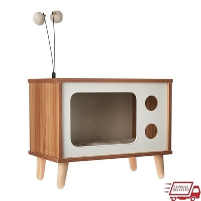Retro TV Cat Condo W/ Jute Scratching Pad Washable Plush Mat Cat Toy Antennae US - Image 1 of 4