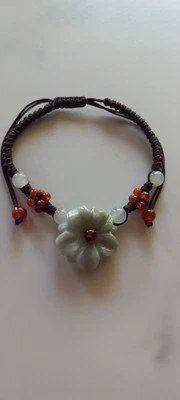 Jade Bloom Blossom Bracelet W/ Jade&Carnelian Beads Brown Macrame Adjustable  - Image 1 of 4