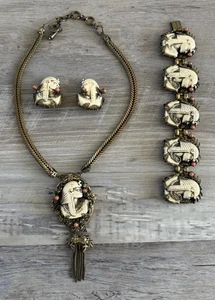 RARE VINTAGE SELRO GOLDTONE LUCITE EGYPTIAN REVIVAL KING TUTT GRAND PARURE - Picture 1 of 24