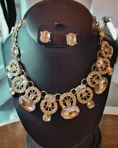 Chunky Statement Necklace & Earrings Set – Silver Tone, Clear Crystal Rhinestone - Picture 1 of 5
