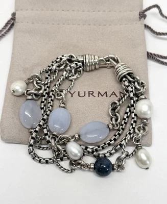 David Yurman .925 Bijoux Multi Strand pulseira de contas de pérolas calcedônia  - Imagem 1 de 4