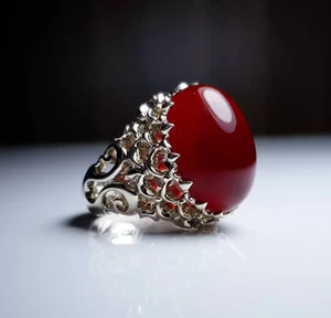 Blood Red Yemeni Aqeeq Ring, 925 Sterling Silver Natural Agate Ring Shia Ring - Picture 1 of 2