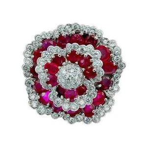 Burma Ruby & White Cubic Zirconia Unique Women's Flower Brooch Pin In 925 Silver - Picture 1 of 4