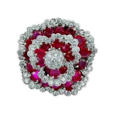 Burma Ruby & White Cubic Zirconia Unique Women's Flower Brooch Pin In 925 Silver - Image 1 of 4
