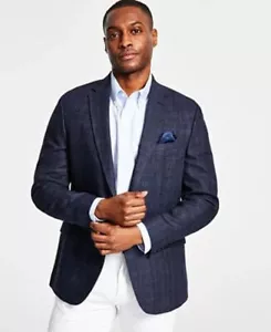 Bar III Mens Slim Navy Windowpane Linen Sport Coat 44 L NEW $295 TTAY1CVZ0030 - Picture 1 of 5