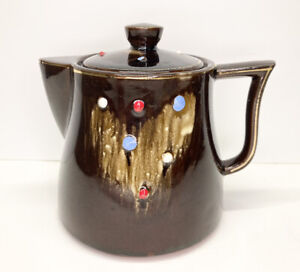 Vintage Tilso Japan Redware Sugar Bowl Lidded Teapot Shape Brown Drip Raised Dot