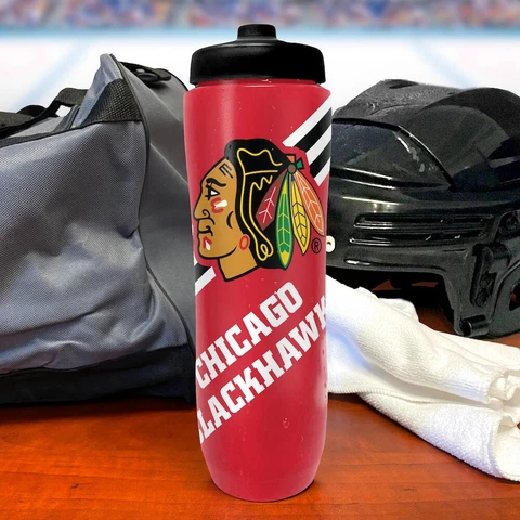 NFL Chicago Blackhawks Squeezy Water Bottle  BPA Free Holds 32 Ounces Cover