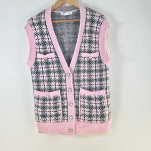 Zara womens knit cardigan size S pink check sleeveless Vneck 113963 - Picture 1 of 9