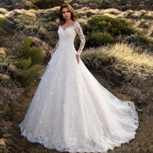 Elegant Lace Wedding Dresses Long Sleeve Applique Backless Buttons Bridal Gowns - Picture 1 of 8