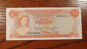 1968 ¡Billete de 5,00 dólares autoridad monetaria de las Bahamas nítido sin circular! - Imagen 1 de 4