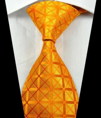 Hot Fashion Plaid Check Gold Orange JACQUARD WOVEN 100% Silk Men's Tie Necktie - Image 1 of 2