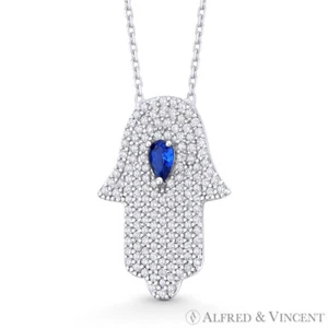 Hamsa Hand Evil Eye Charm CZ Crystal Pendant & Necklace in .925 Sterling Silver - Picture 1 of 2