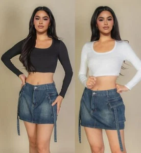 Women's Basic Long Sleeve Cropped Top Square Neck Stretch Rib Knit T-Shirt Solid - Picture 1 of 10