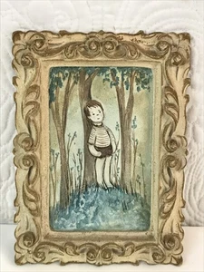 VINTAGE MCM MINIATURE WATERCOLOR PAINTING BOY IN WOODS SUMMER FRAMED - Picture 1 of 8