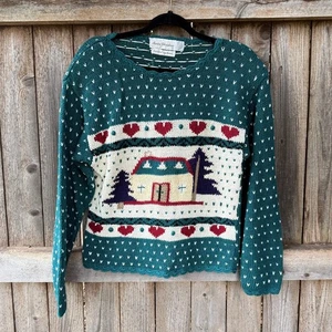 VTG ramie cotton pullover SWEATER teal house hearts birdseye MARISA CHRISTINA - Picture 1 of 3