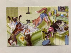 Vintage Alfred Mainzer Katzen Kätzchen Farbdruck Postkarte Belgien 4971 Badewanne spielen - Bild 1 von 2