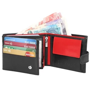 Mans Black Red RFID BLOCKING Wallets Real Leather Coin Pocket Wallet Gift Boxed - Picture 1 of 9