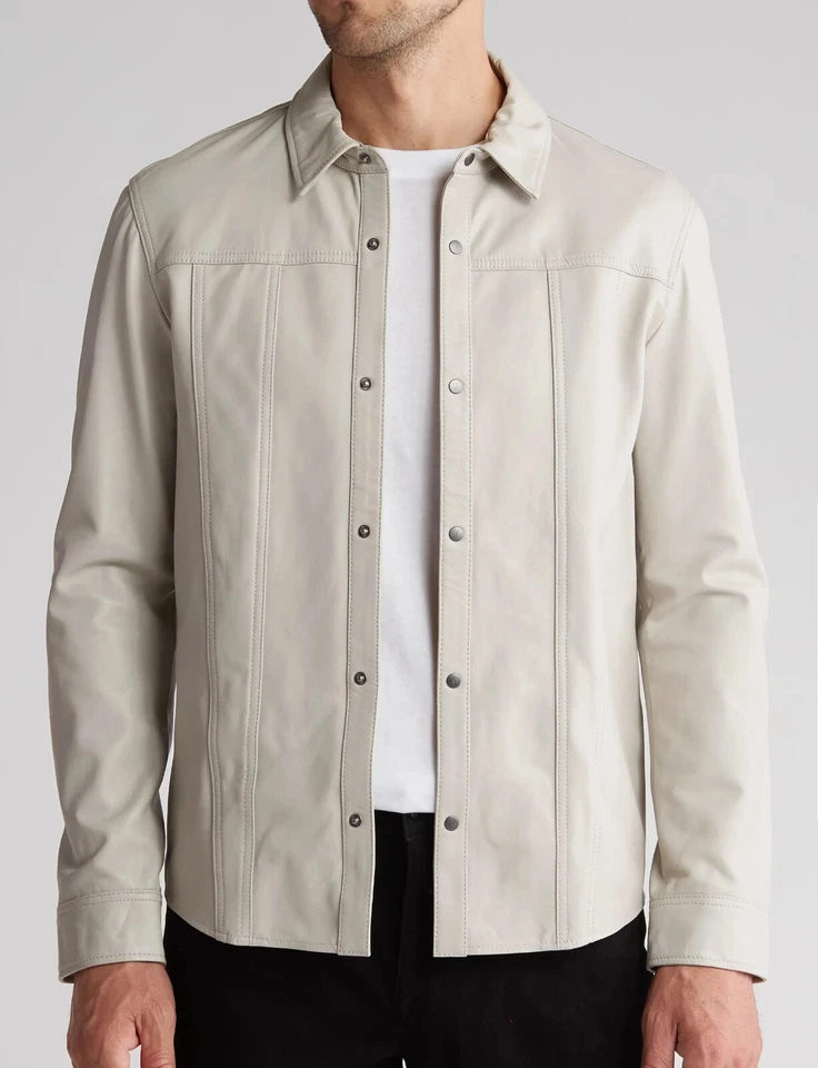 John Varvatos Colección Para Hombre Piel de Oveja Cuero Frente a Presión Camisa Chaqueta Gris Foto 1 de 3