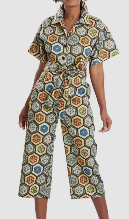 Natori Women's Green Mitsu Cropped Geometric-Print Jumpsuit Size L