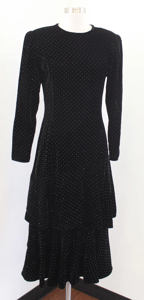 Винтажный 90-х черный бархат металлический блестящий горошек ярусный Midi платье вечеринки коктейль размер 8 - Изображение 1 из 4