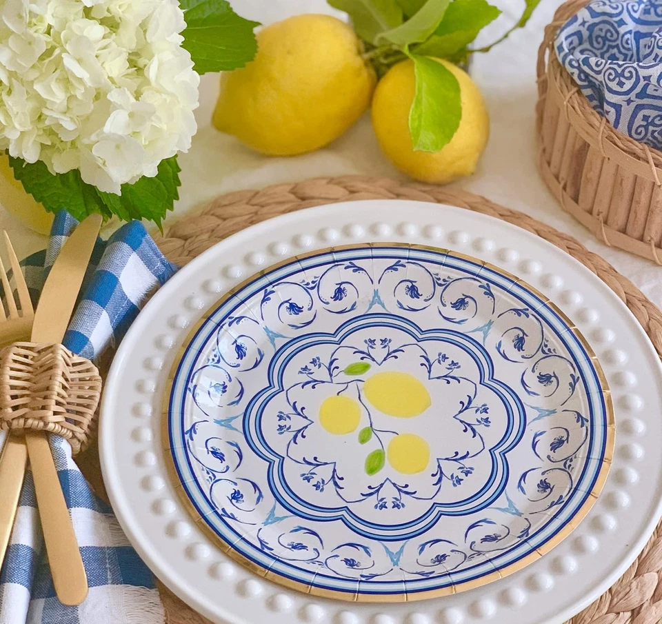 Platos de papel Capri Limón - Juego de 8 platos de papel - Suministros para fiestas de picnic - Engag Foto 1 de 4
