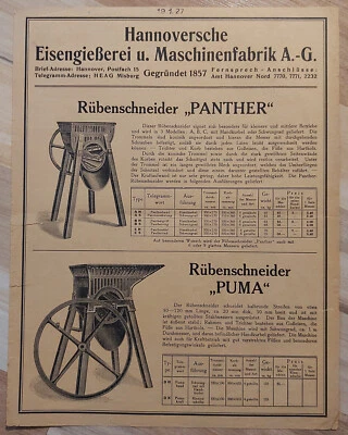 Druckschrift Werbeblatt HEAG Rübenschneider Tiger Panther Puma 1927 Hannover - Bild 1 von 2