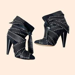 Isabel Marant Black Studded Leather Ankle Tie Boots - Picture 1 of 4