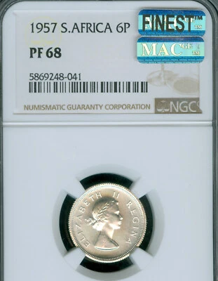 1957 SOUTH AFRICA 6 PENCE NGC PF68 MAC FINEST GRADE & MAC SPOTLESS POP 2 * - Image 1 of 2