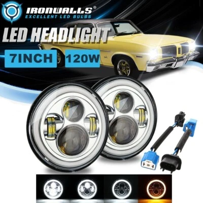 Par de faros LED redondos cromados de 7" Hi/Lo DRL ojos de ángel para Oldsmobile Omega Foto 1 de 4