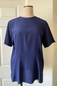 Vintage Talbots Navy Blue Silk Round Neck Short Sleeve Fitted Blouse Top - 10 - Picture 1 of 6