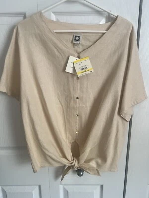 ANNE KLEIN IVORY SHORT SLEEVE BUTTON LINEN WOMEN'S BLOUSE MEDIUM MSRP $79 NEW - Image 1 of 4