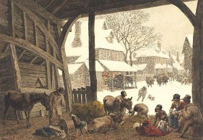 Familia pacífica y animales en granero. ESCENA DE NIEVE PUEBLO, 1819. Tarjetas de arte Regency Foto 1 de 2