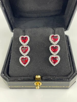 WHITE GOLD FINISH Red Ruby Heart Cut Created Diamond Dangle Earrings - Image 1 of 4
