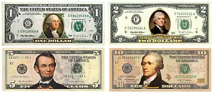 Set of 4 - COLORIZED 2-SIDED US Bills Currency $1/$2/$5/$10 Genuine Legal Tender - Picture 1 of 3
