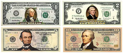 Set of 4 - COLORIZED 2-SIDED US Bills Currency $1/$2/$5/$10 Genuine Legal Tender - Image 1 of 3