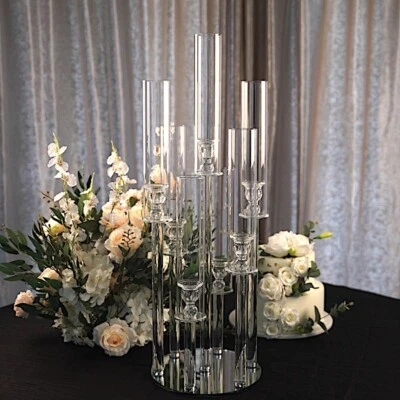 33" Clear 7 Arm Crystal Glass Candelabra Pillar VOTIVE CANDLE HOLDER Party Home - Image 1 of 4