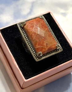 17g BIG Sterling Silver Natural SPONGE CORAL 925 Greek Symbols Ring 7 - Picture 1 of 3