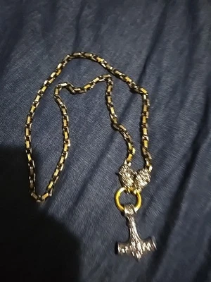 Men Viking Stainless Steel Wolf Necklace Thor Hammer Mjolnir Pendant Gold Black - Image 1 of 3