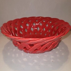 PRIMO'GI Handmade in Italy Lattice Weave Red Ceramic Fruit & Bread Basket - Picture 1 of 4
