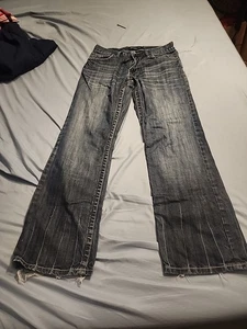 Manchester Jeans Men's 32R Dark Wash Denim 100% Cotton Distressed Embroidered - Picture 1 of 10