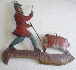 ANTIQUE OLD BUTCHERS IRON TIN TRADE ADVERTISEMENT SIGN PIG ON KNIFE EMBOSSED - Picture 1 of 8